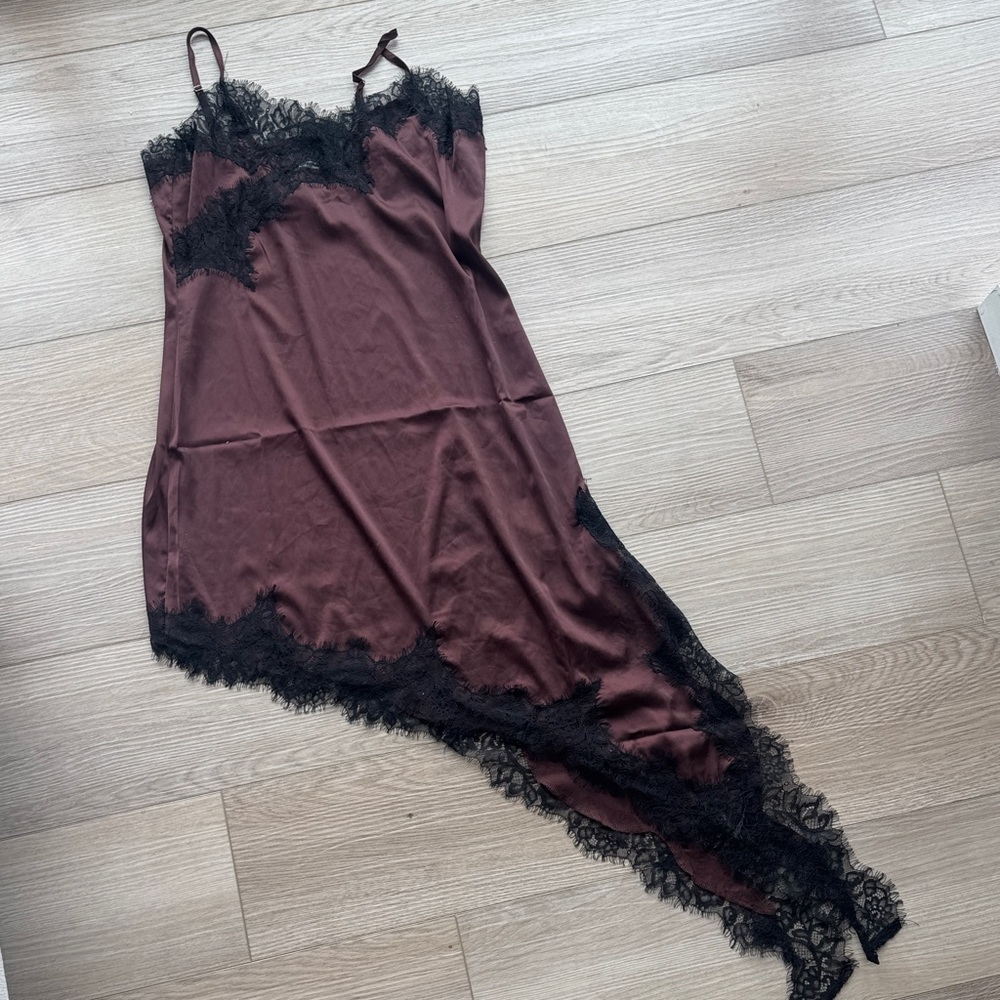 Fashion Nova Asymmetrical Satin Slip Dress in Burgundy with Black Lace